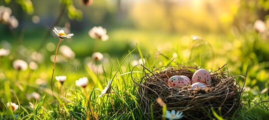 Nest with pink easter eggs in grass on a sunny spring day