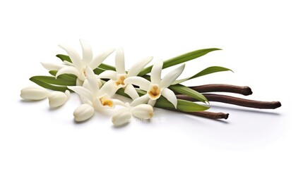 Vanilla pods and flower isolated on white background.