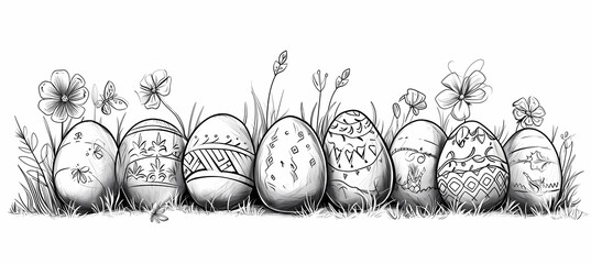 Many Easter eggs - decoration. Black and white picture