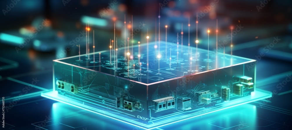 Poster secure home network high tech router hologram on blurred background with copy space