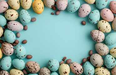 Top down view of an Easter border frame of chocolate eggs with copy space
