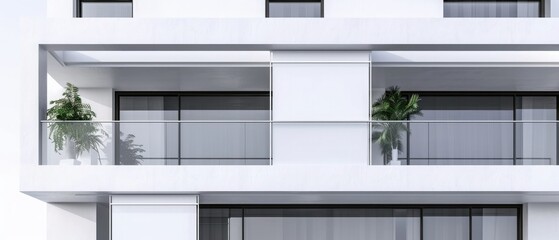 Modern Facade Building with External Roller Blinds and Modern Balcony. White Facade with Venetian Blind or Shutters Windows of Residential Building.