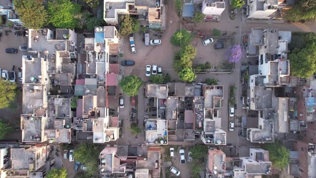 Aerial Looking Down Over Residential Block of Large City In India
