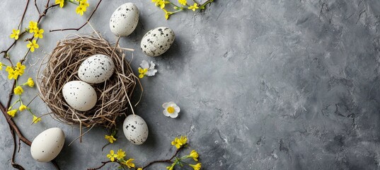 Easter eggs in the nest with yellow flowers on grey concrete background, negative space