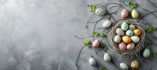 Easter eggs in the nest on gray concrete background, negative space