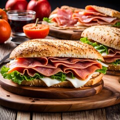 a sandwich on a wooden plate