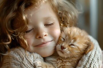 Young Girl with Her Pet Kitten, To convey the warmth and affection between a child and their pet, suitable for a wide range of applications such as
