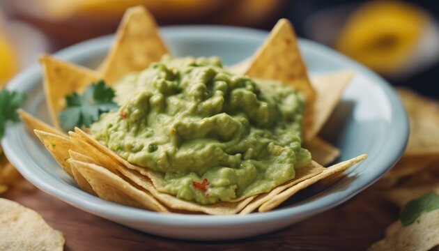 view of aesthetic tortilla chips with guacamole sauce and garnish on top image background