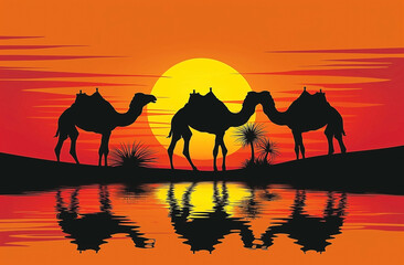 Fototapeta na wymiar Silhouette of Arab with camel at sunrise