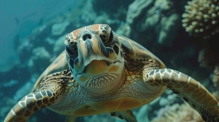 Fototapeta premium In the heart of a bustling coral reef a diver comes face to face with a majestic sea turtle its journey and wisdom shrouded in enigma.