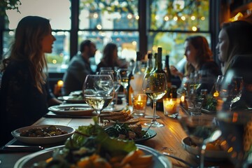 People enjoying a wine-filled dinner, To capture the warmth and intimacy of a social gathering over a shared meal and drinks