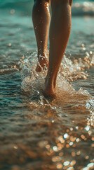 Person walk on the beach, sunlight glistening on gentle waves