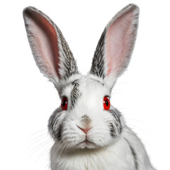 Obraz premium Close-up of a white rabbit with black markings on its ears, nose, red eyes, against a transparent background, AI Technology 