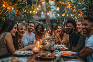 Multiethnic friends in the backyard at a bbq hangout - obrazy, fototapety, plakaty