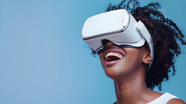 Beautiful Woman Smiling Wearing A Vertual Headset On Blue Backdrop Isolated