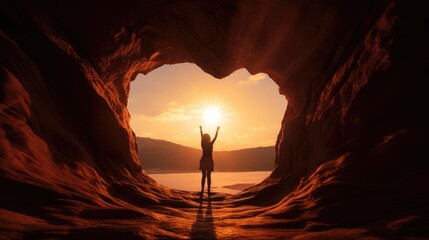 woman standing in a cave and looking at sunset. - obrazy, fototapety, plakaty