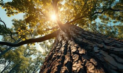 A tree is seen from below with the sun shining through. Generative AI. - Powered by Adobe