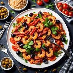 Shrimp, olives, tomatoes, herb salad