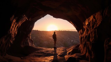 woman standing in a cave and looking at sunset.