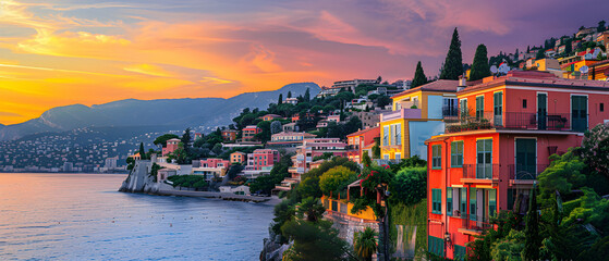 Spectacular Sunset Cityscape On The Coast of Italy - obrazy, fototapety, plakaty