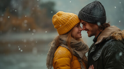 A couple sharing a warm embrace in a snowy landscape, wearing vibrant winter clothes, capturing a moment of love in a cold setting.