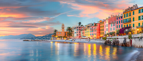 Warm Sunset Behind Beautiful Italian Cityscape on The Coast - obrazy, fototapety, plakaty