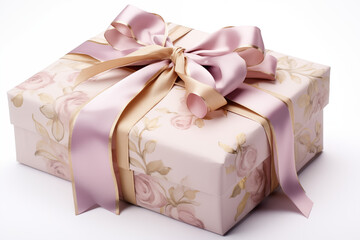 A floral gift box adorned with a luxurious and elegant wrapping, a satin ribbon expertly tied into a bow, isolated in white background
