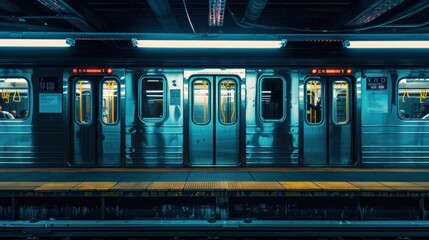 Train leaves empty station platform at subway. Generative AI. - obrazy, fototapety, plakaty