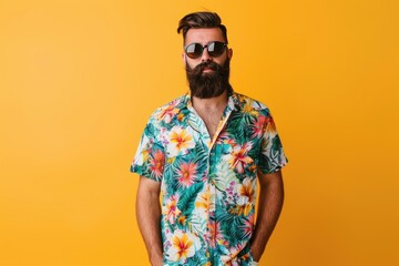 Obraz premium A man wear summer fashion in yellow background. Generative AI.