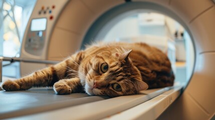 Cat lying on table before scanning in MRI equipment in veterinary clinic. Generative AI. - obrazy, fototapety, plakaty