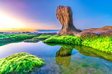 Landscape of rocky beach at sunrise with moss and pebbles on Co Thach beach, a famous beach in Binh...