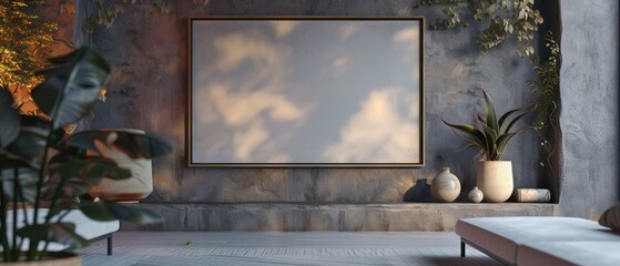Modern interior with empty frame . 3D rendering