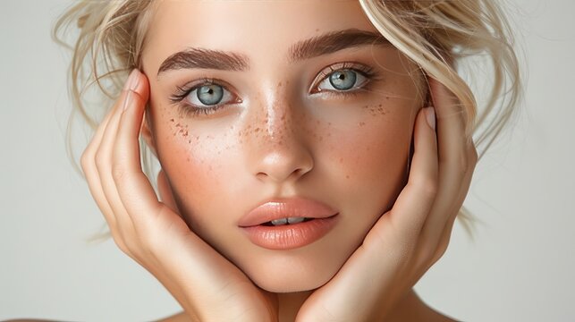 Flawless blonde woman with natural makeup on studio background, copy space included