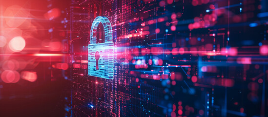 cyber security and privacy data network protection concept. Digital padlock on abstract technology background