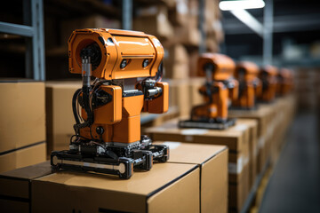 Fototapeta na wymiar Innovative industrial robot working in warehouse with boxes