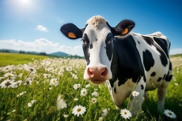 A crazy funny spotted black and white cow looks at the camera and laughs on a green meadow with flowers under a blue sky on a sunny summer day. Copy space. Organic dairy product concept - Powered by Adobe