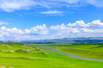 Curved river and green grassland with mountain natural landscape in Xinjiang