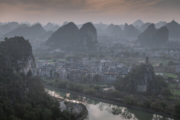 Aerial view of beautiful mountain and river natural landscape in Guilin, China