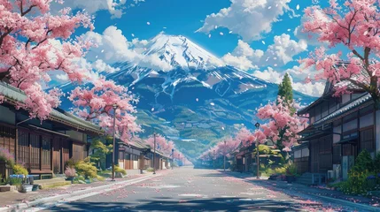Papier Peint photo autocollant Mont Fuji some tulip trees along a road with a fuji mountain