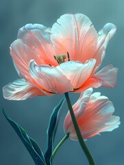 a digital photo of cinematic realism tulip, Muted glow opal white color margarite, slight pink streaks, pastel tones