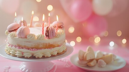 Birthday cake with burning candles on pink background with bokeh .