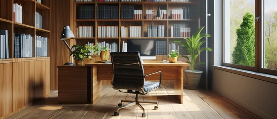 Simple office room interior with wooden desk, storage cabinet and bookshelf