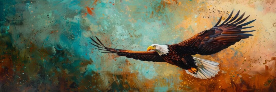 Eagle painting with abstract elements - Majestic bald eagle in flight against an abstract painted background, symbolizing freedom and power
