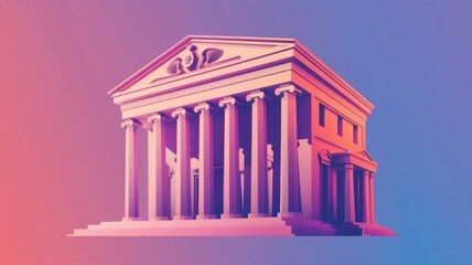 Obraz premium Neon gradient on a classical building illustration - A vibrantly colored graphic of a classical edifice with a modern neon gradient overlay, creating a fusion of ancient and contemporary styles