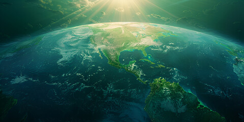 Fototapeta na wymiar A close up of a green and black earth with a bright light for Earth Day poster background and wallpaper 