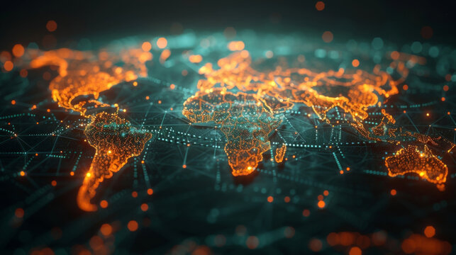 A dynamic network of connected nodes representing various trade routes between countries. Each node displays key trade data such as top exportimport partners and trade balance