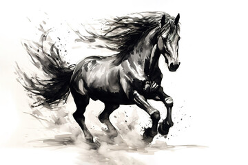 Black horse traditional chinese ink painting on white background. Animals, Illustration, Generative AI. - obrazy, fototapety, plakaty