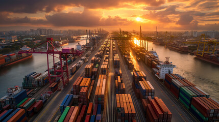 Container Cargo freight ship with working crane bridge at sunset for Logistic Import Export background