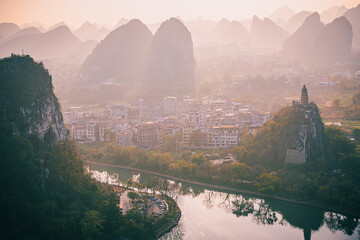Drone Sunset View of Guilin, Li River and Karst mountains, Guilin city