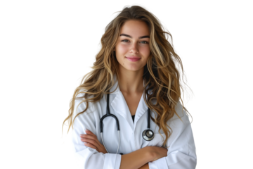 Confident Female Doctor in White Coat Smiling with Stethoscope and Crossed Arms